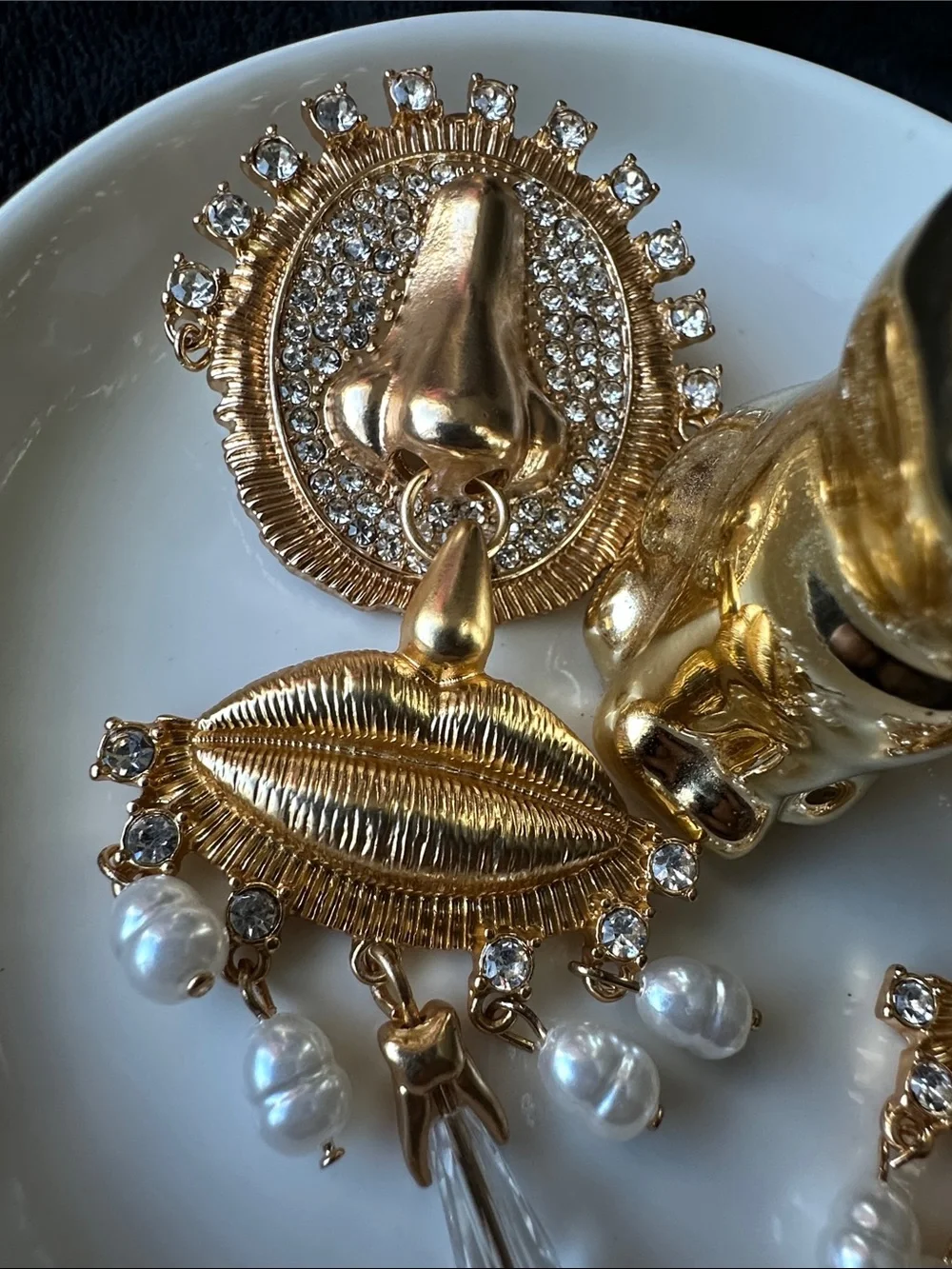 Gold-Tone Lip & Nose Statement Drop Earrings with Pearls